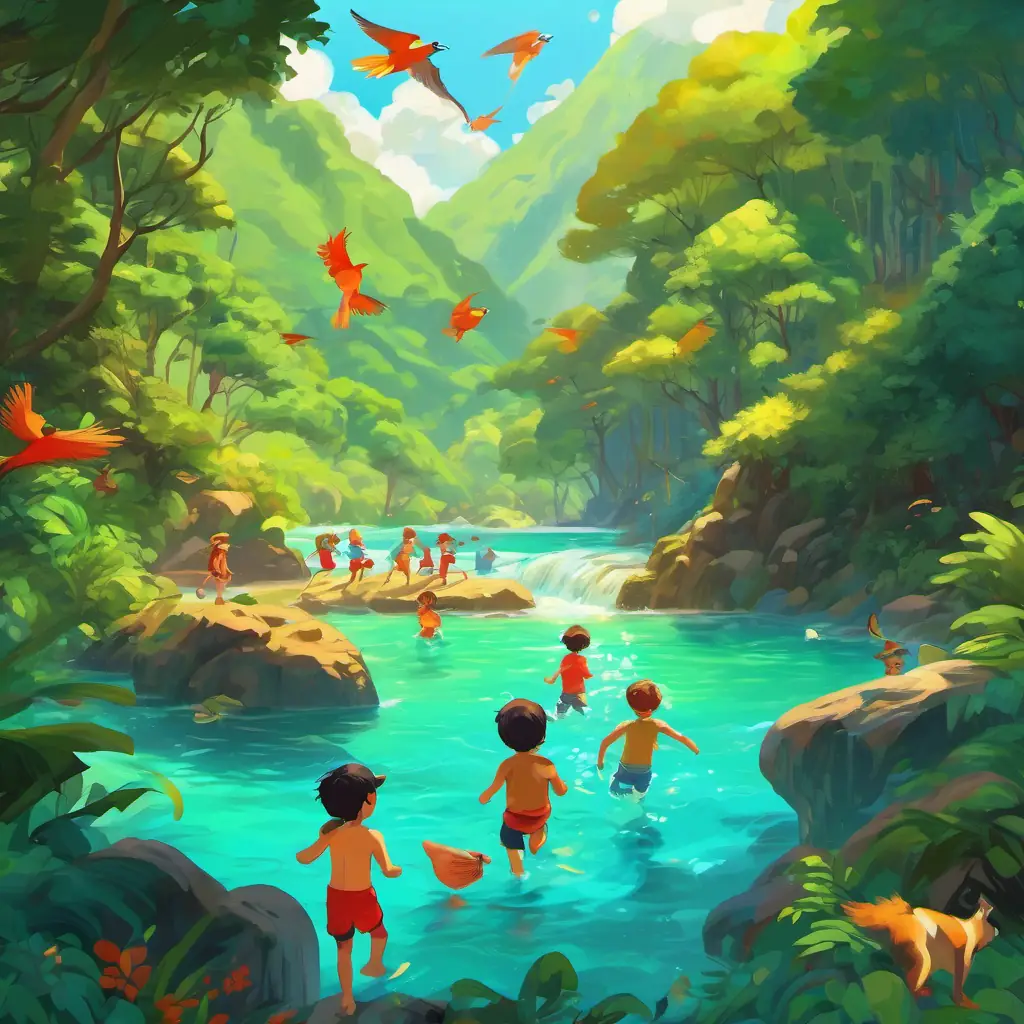 The picture shows children swimming in the ocean, hiking up the mountains, and spotting Colorful birds and playful monkeys in the forest like monkeys and birds in the forest.