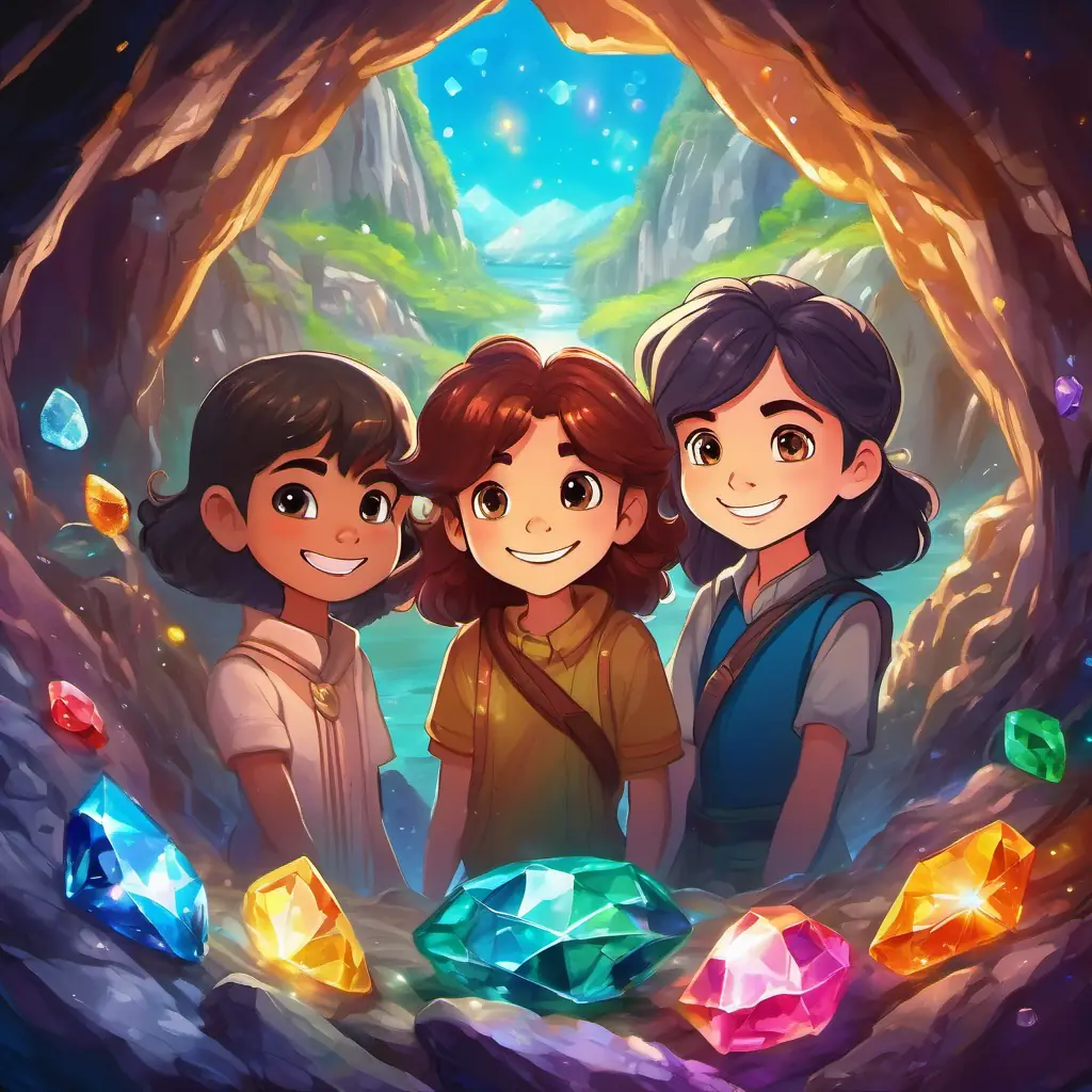 The picture shows the Four friends with different hair colors and bright smiles inside the cave, surrounded by glittering Shiny and sparkly crystals in various colors and precious gems. Their eyes are wide with wonder.