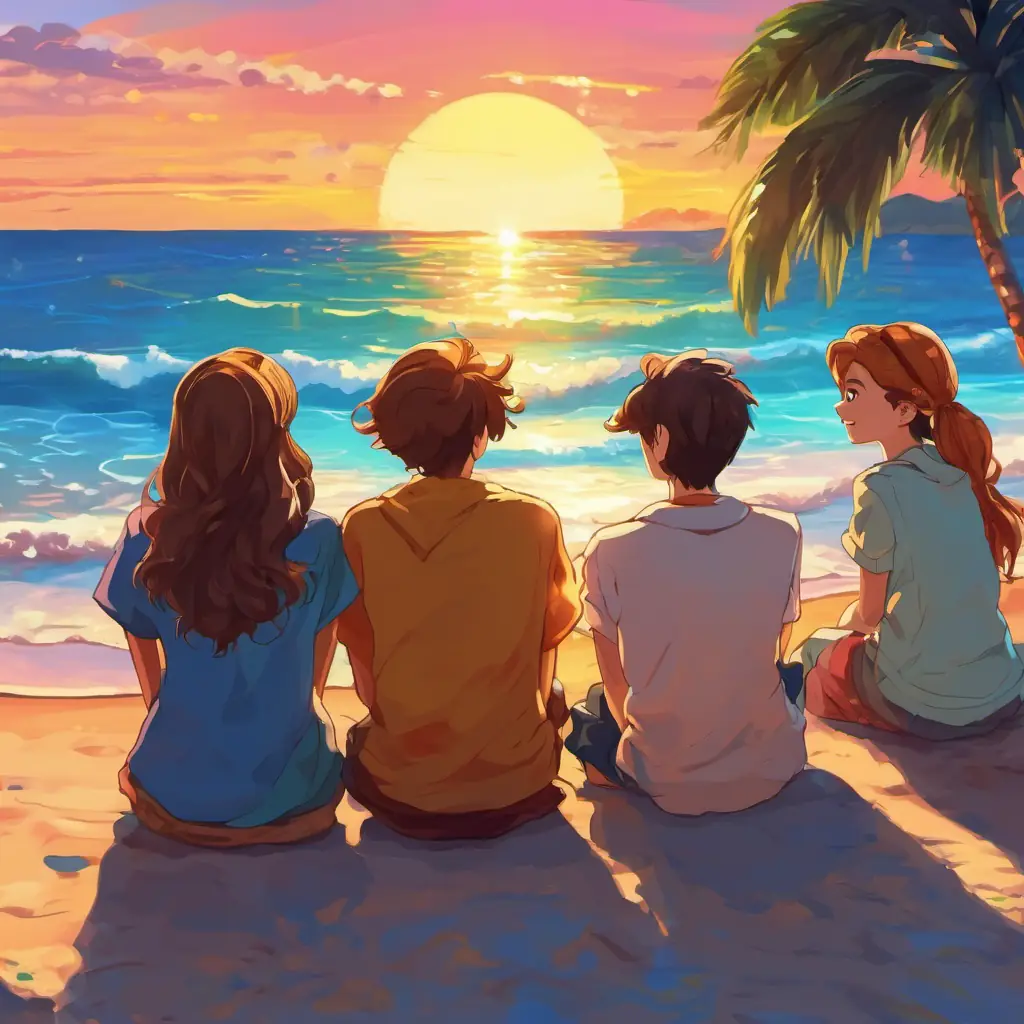 The picture shows the Four friends with different hair colors and bright smiles sitting on the beach, watching the sun set over the sparkling blue ocean. The sky is filled with beautiful colors.