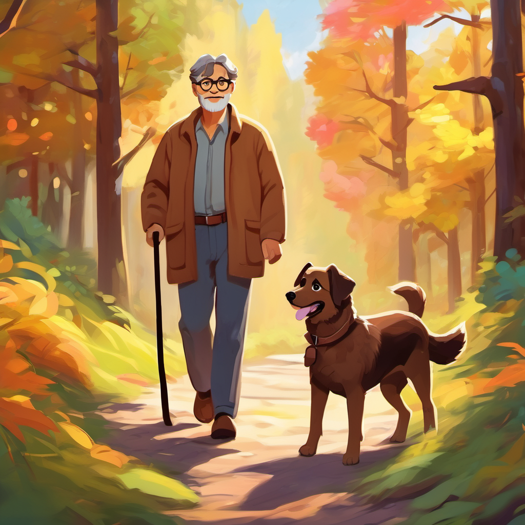 Fluffy brown dog with a wagging tail and kind eyes, a brown fluffy dog, and A gentle man with a warm smile and glasses, a kind man, walking in the colorful woods