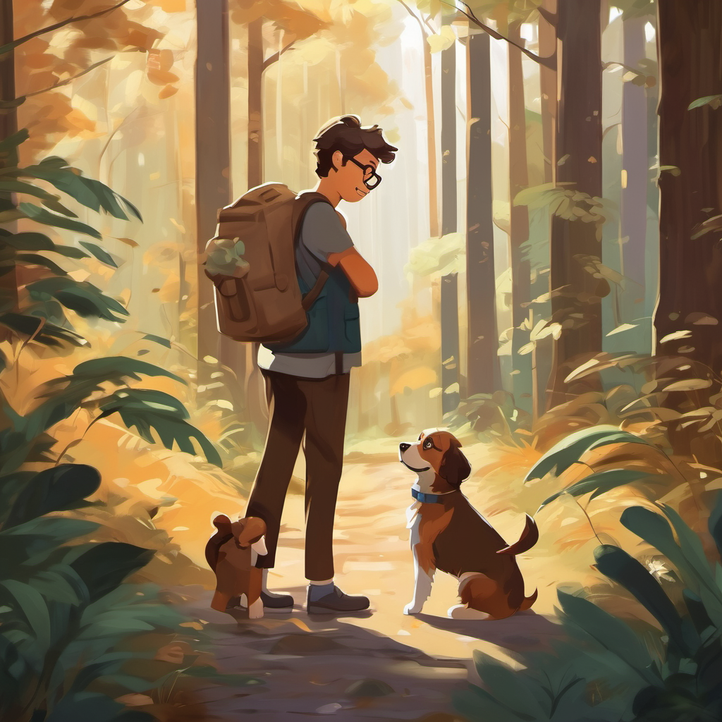 Fluffy brown dog with a wagging tail and kind eyes and A gentle man with a warm smile and glasses finding the puppies in the forest, puppies are brown, black, and white