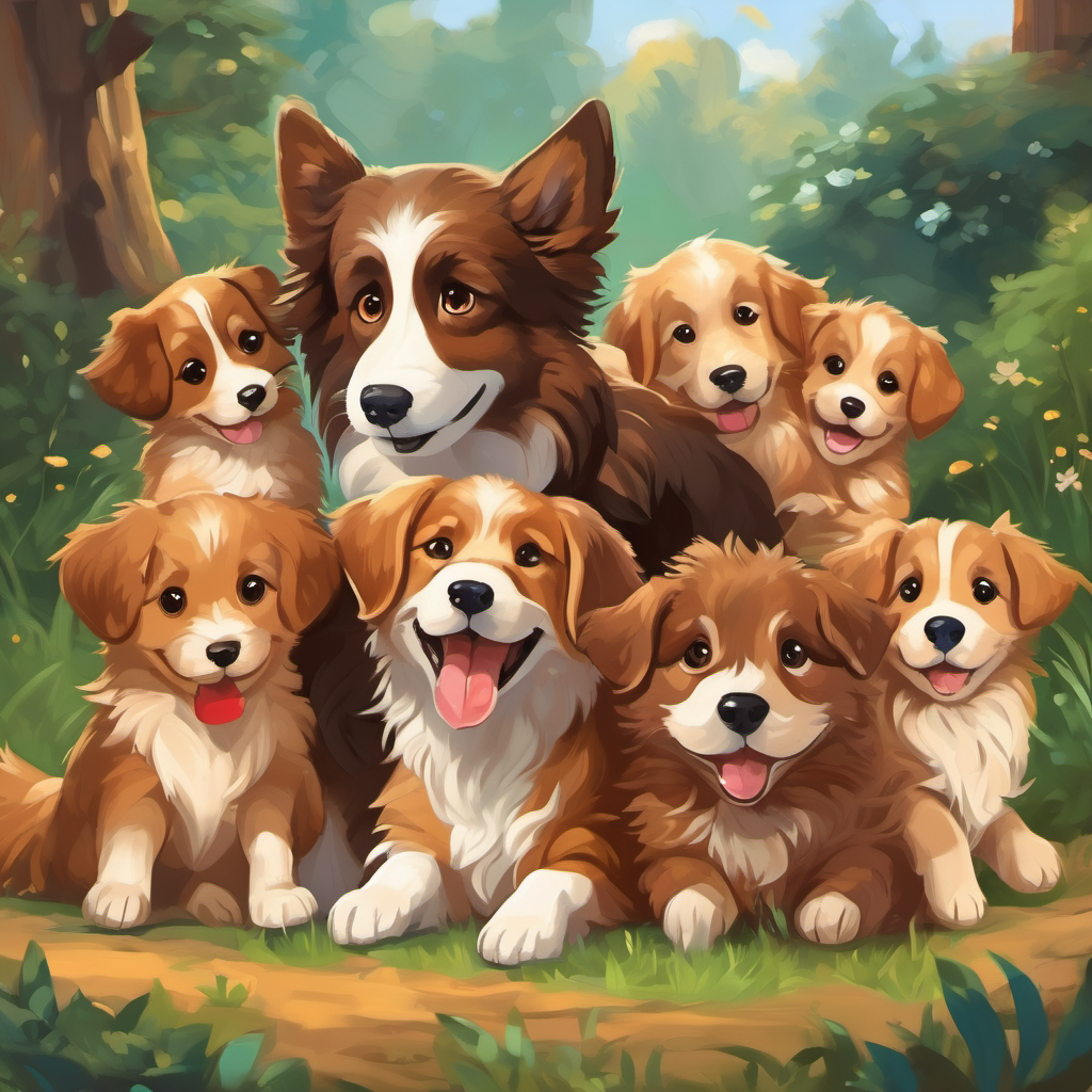 Fluffy brown dog with a wagging tail and kind eyes and the puppies playing and cuddling together, wagging tails and big smiles