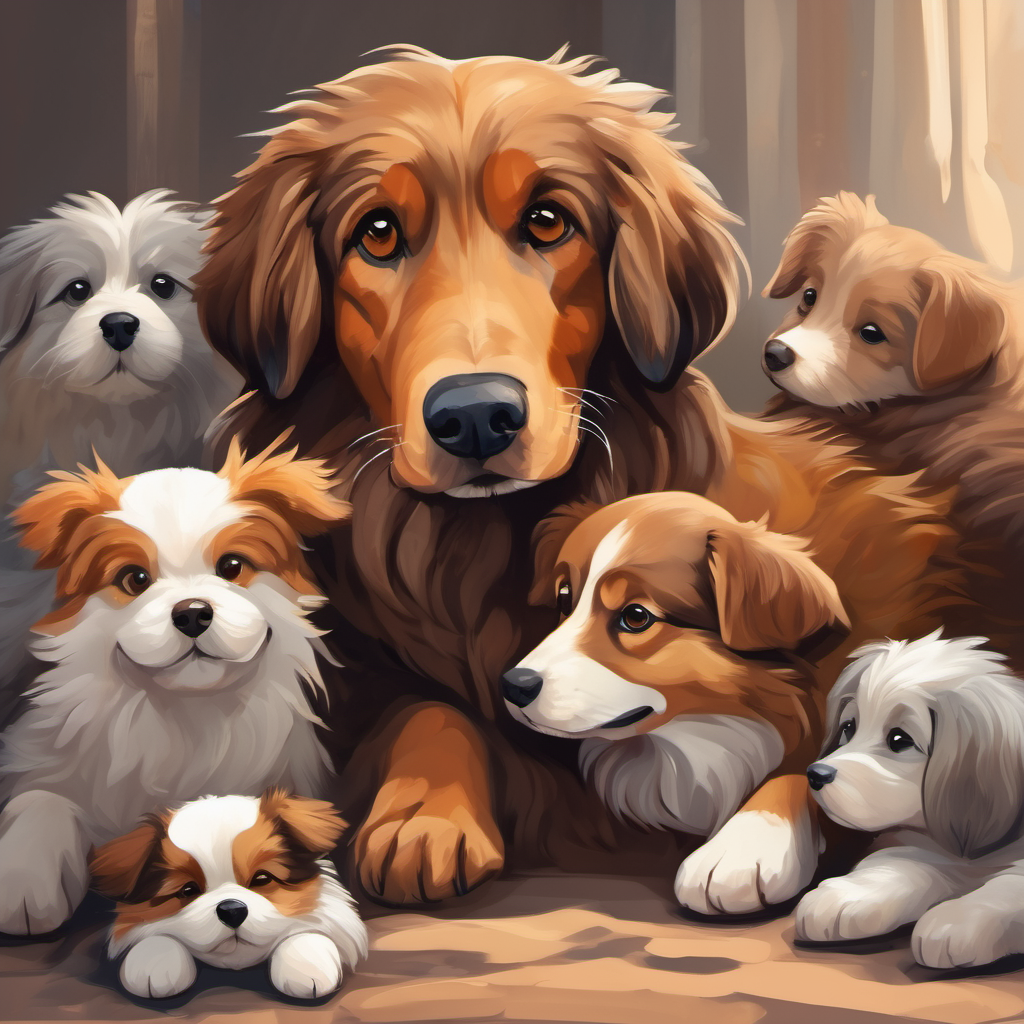 Fluffy brown dog with a wagging tail and kind eyes, with gray fur, lying down while the puppies surround him with love