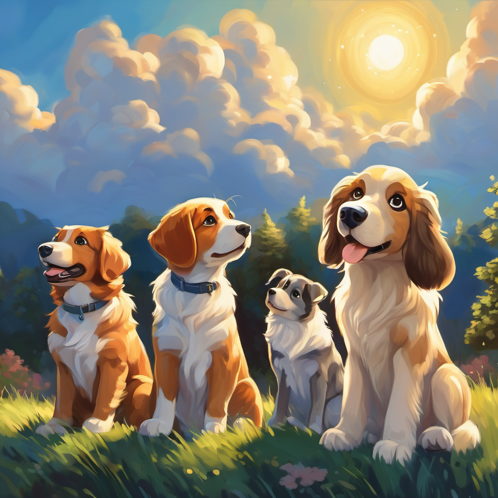 The puppies, now grown-up dogs, looking up at the sky with love and gratitude