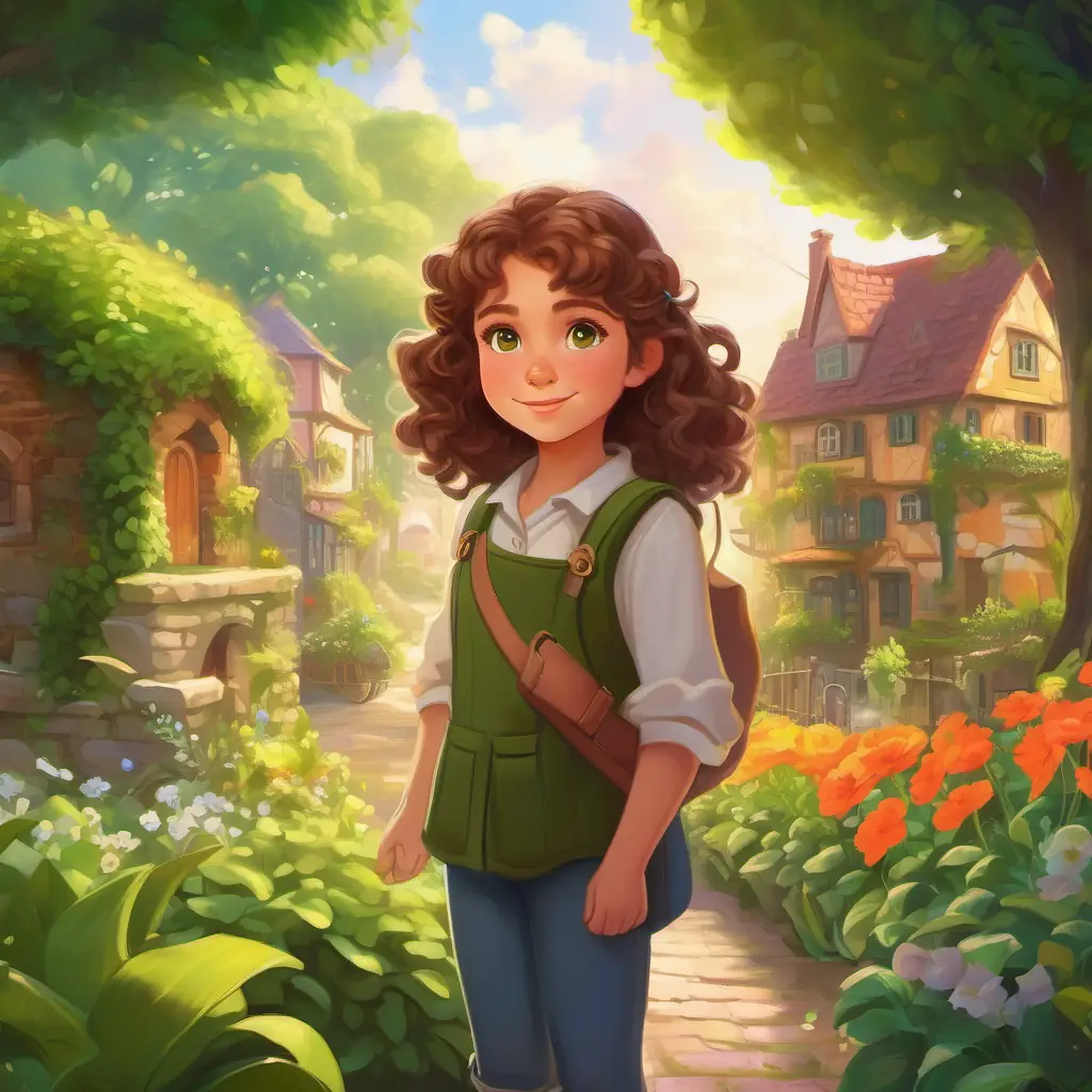 Introducing Young girl with bright green eyes, curly brown hair, her magical garden, and the peaceful town