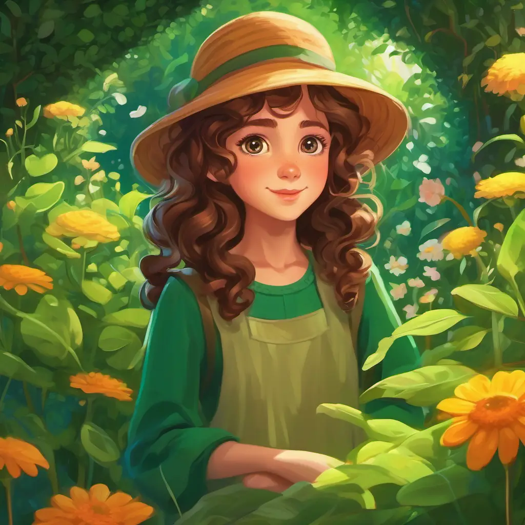 Describing the magical occurrences in Young girl with bright green eyes, curly brown hair's garden