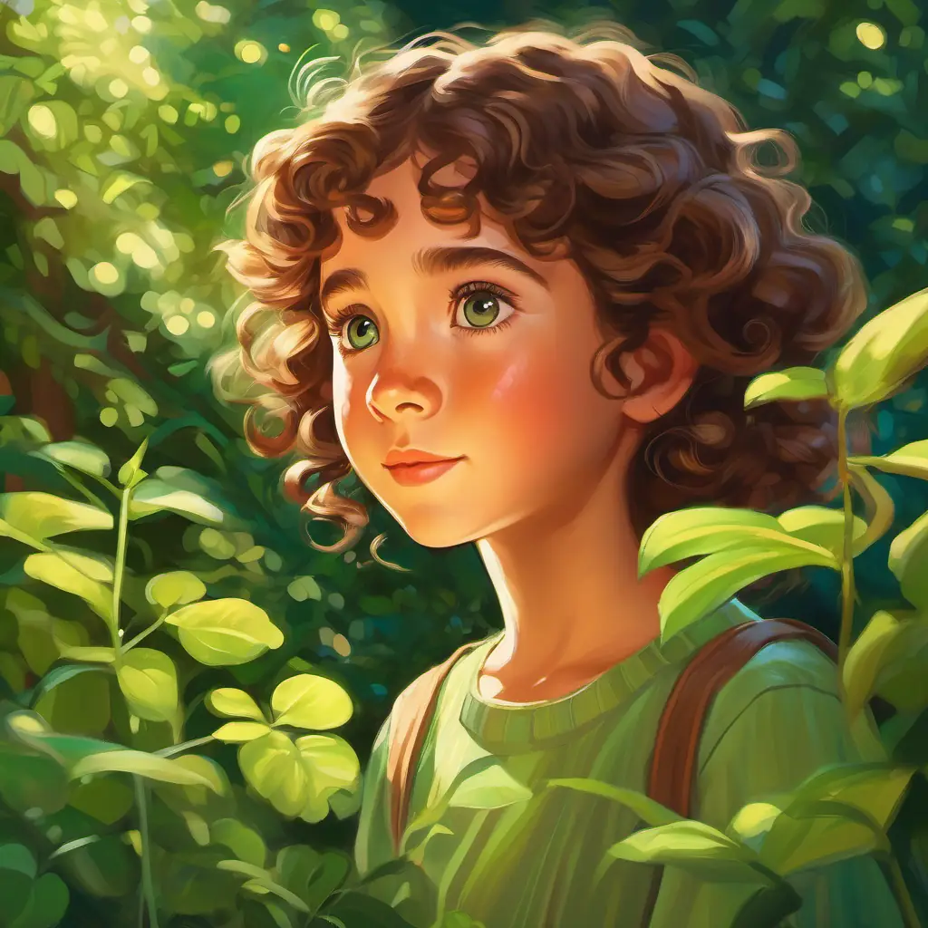 Young girl with bright green eyes, curly brown hair's discovery of a shimmering light in the garden