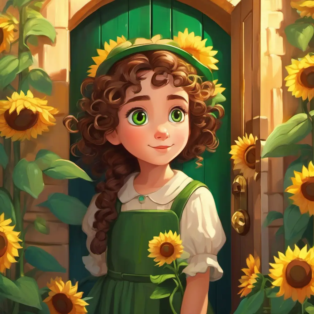 Young girl with bright green eyes, curly brown hair's curious exploration of the magical door in the sunflower