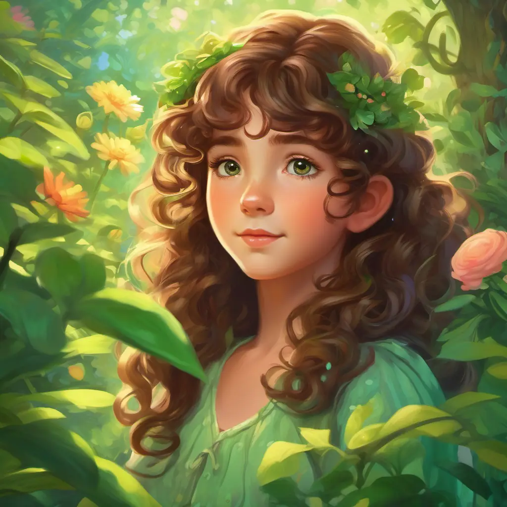 Concluding with the lasting enchantment of Young girl with bright green eyes, curly brown hair's magical garden