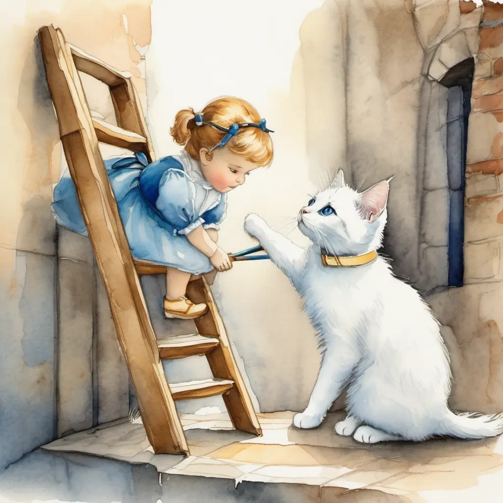 Princesses thinking of ways to help Fluffy white kitten with blue collar, unable to carry the ladder.