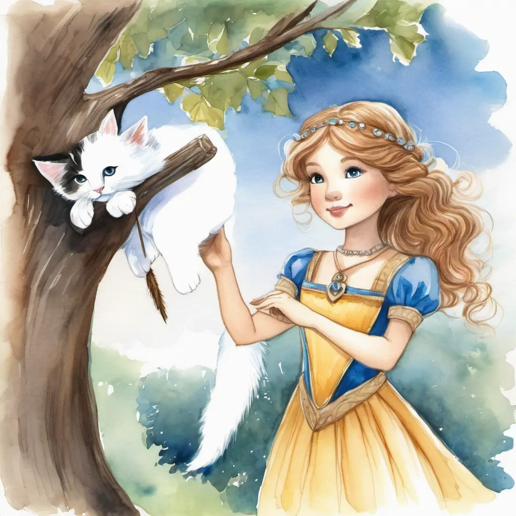 Princess Fair skin, brown eyes, playful dress's idea, using a stick to rescue Fluffy white kitten with blue collar from the tree.