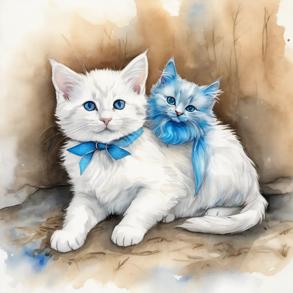 Kitten safe on the ground, princesses hugging Fluffy white kitten with blue collar and feeling happy.