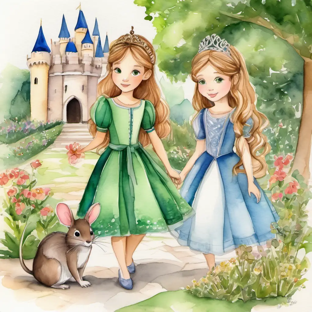 Castle setting, introducing Princess Defne and Yasmin Fair skin, brown eyes, playful dress and Princess Olive skin, green eyes, flowy princess dress, playing in gardens. There are two sweety mouses in the garden