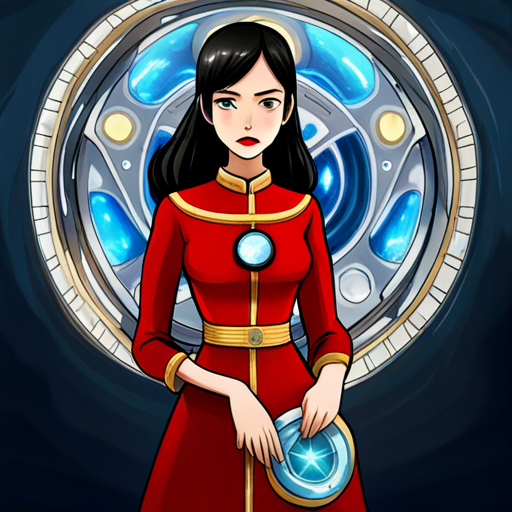 Red and gold suit, with faceplate and arc reactor and Black hair, blue and yellow dress, red lips standing ready