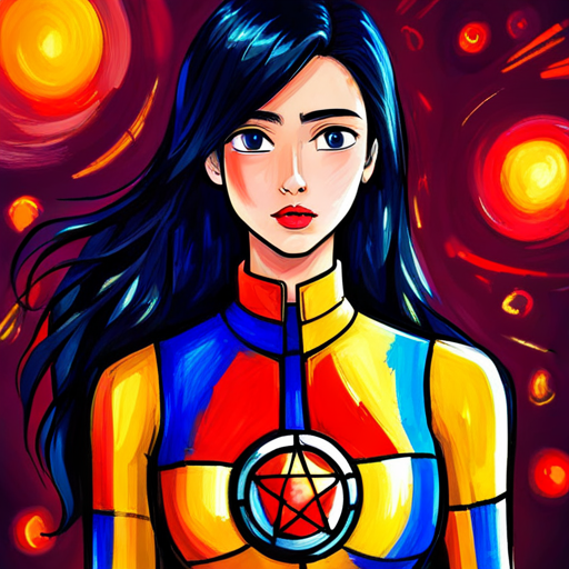 Red and gold suit, with faceplate and arc reactor shooting repulsor beams at Black hair, blue and yellow dress, red lips