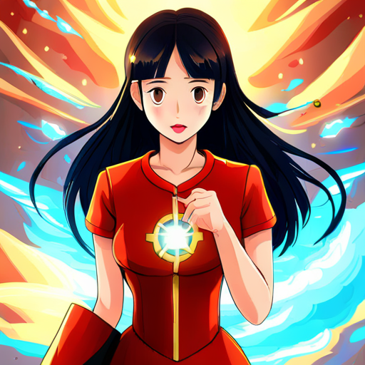 Black hair, blue and yellow dress, red lips reflecting Red and gold suit, with faceplate and arc reactor's beams with mirror