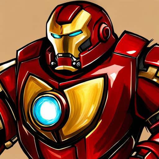 Red and gold suit, with faceplate and arc reactor wearing Hulkbuster armor ready for battle