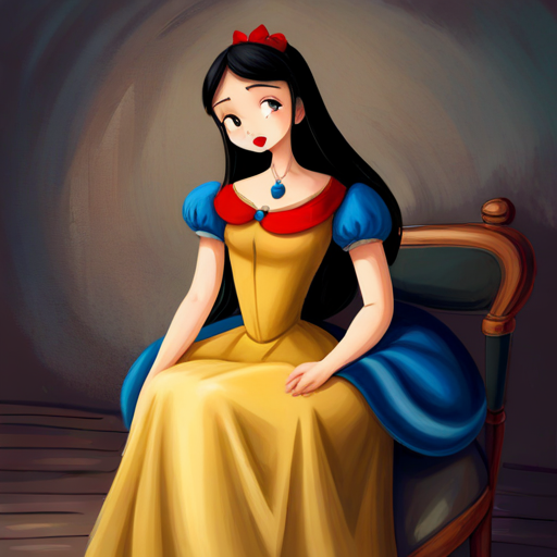 Black hair, blue and yellow dress, red lips with the seven dwarfs by her side