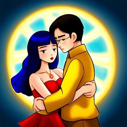 Red and gold suit, with faceplate and arc reactor and Black hair, blue and yellow dress, red lips hugging in peace