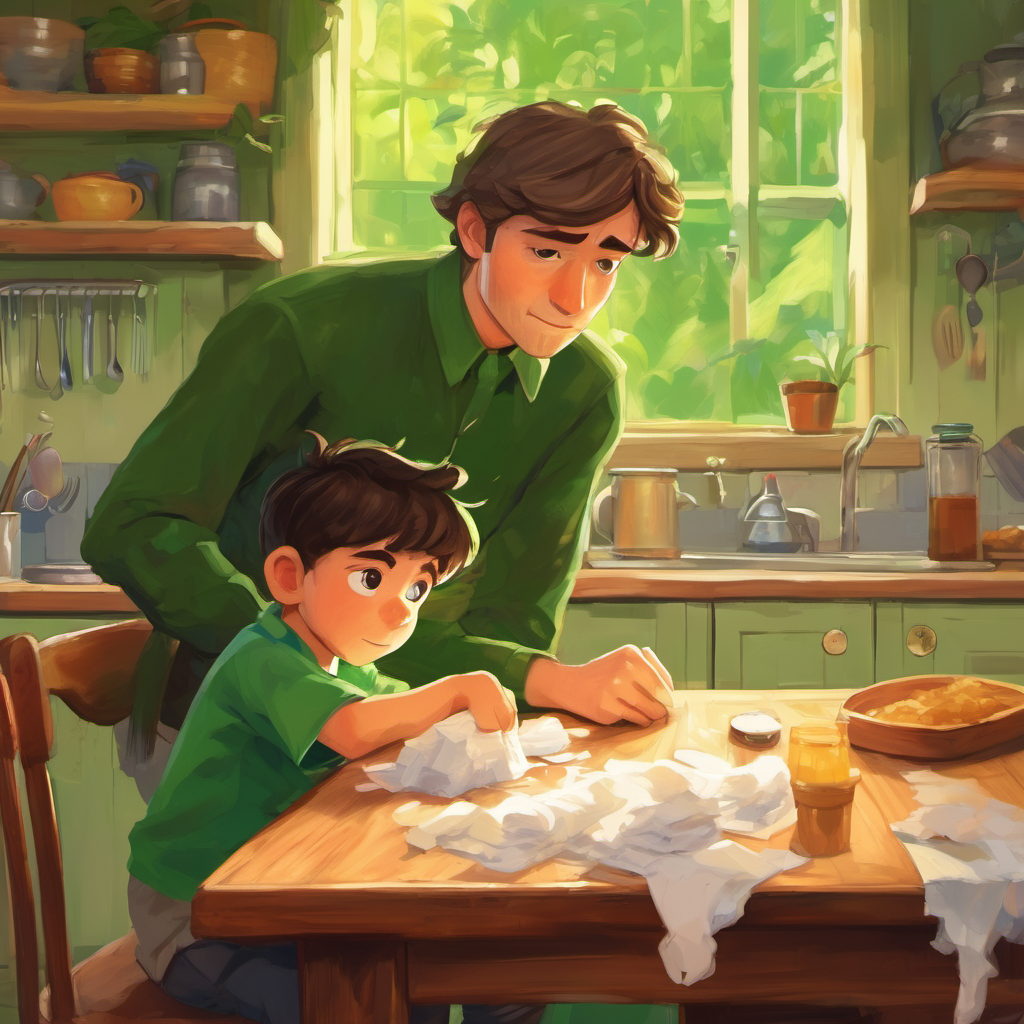 Oliver and his daddy sitting at the kitchen table, tissues all over, a green trail of snot behind Oliver