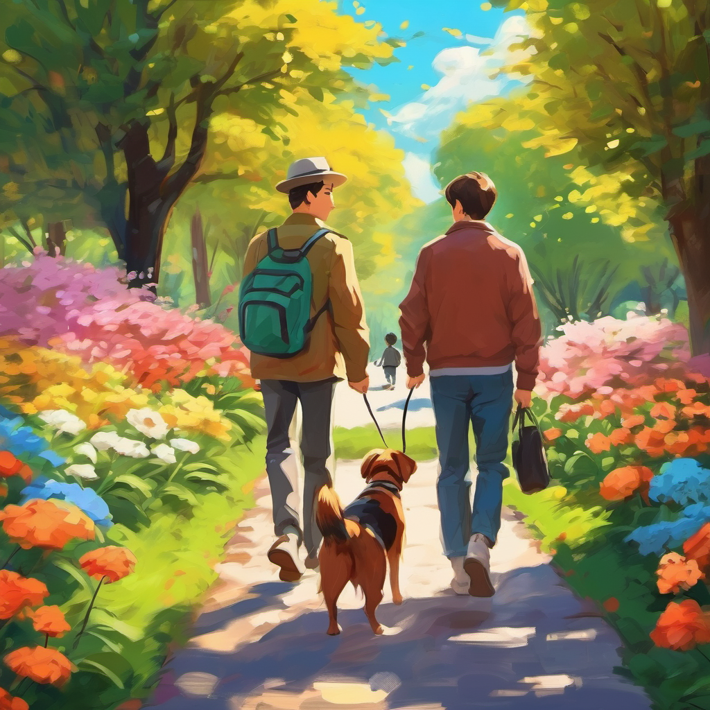 Oliver and his daddy walking in the park, colorful flowers blooming, people playing with their dogs