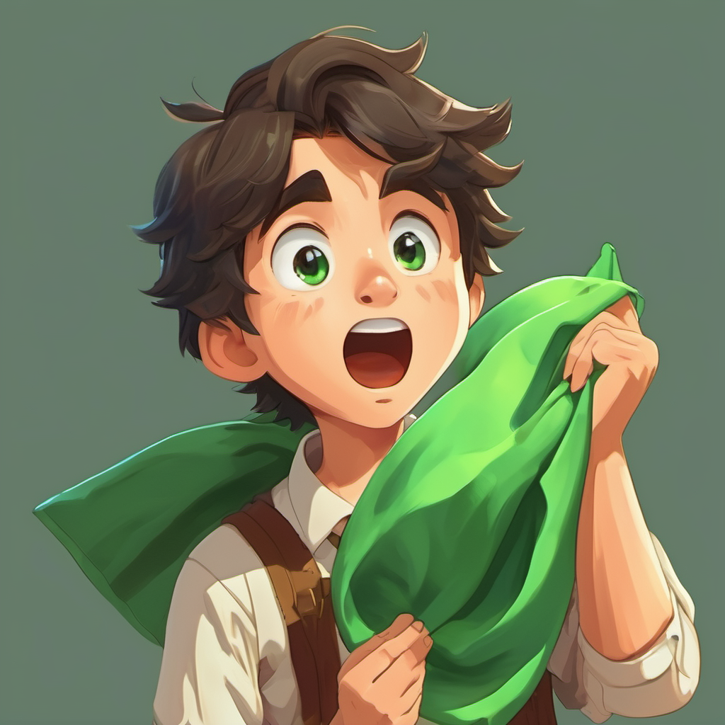 Oliver holding the handkerchief, a shocked expression on his face, and a green blob on the handkerchief