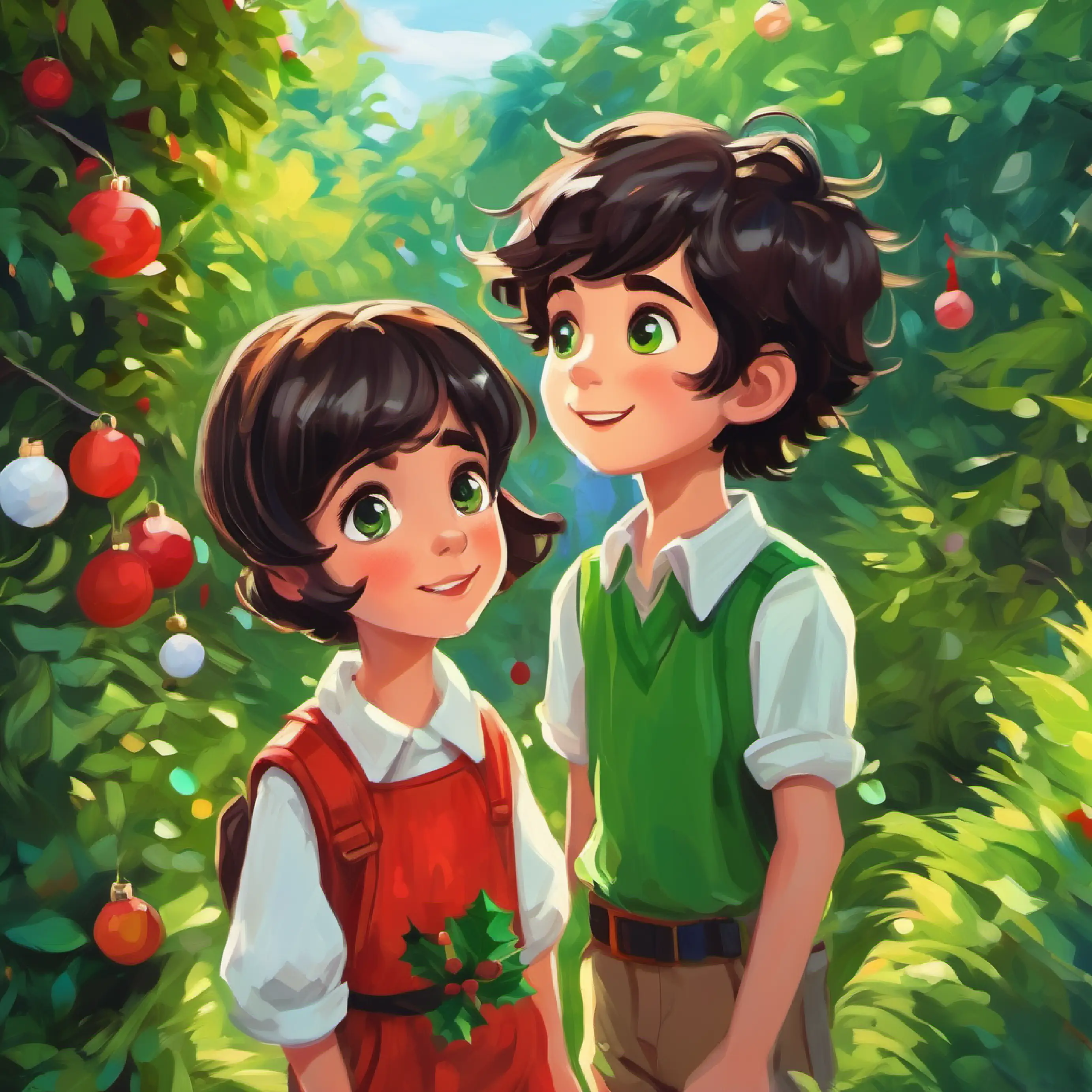 Curious boy, shaggy brown hair, bright green eyes and Adventurous girl, short black hair, deep brown eyes find the garden, feeling excited.
