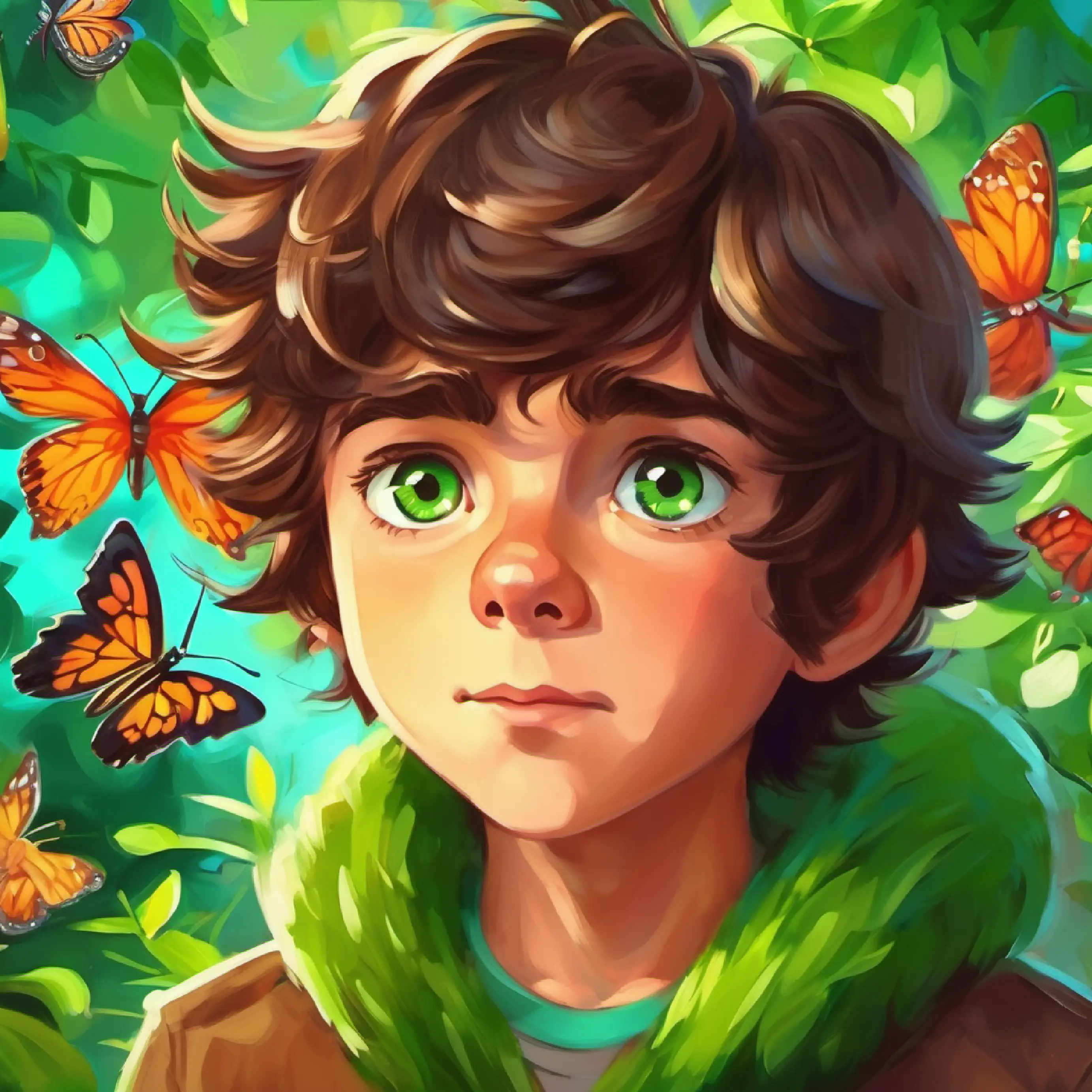 Curious boy, shaggy brown hair, bright green eyes observes the partnership of butterflies.