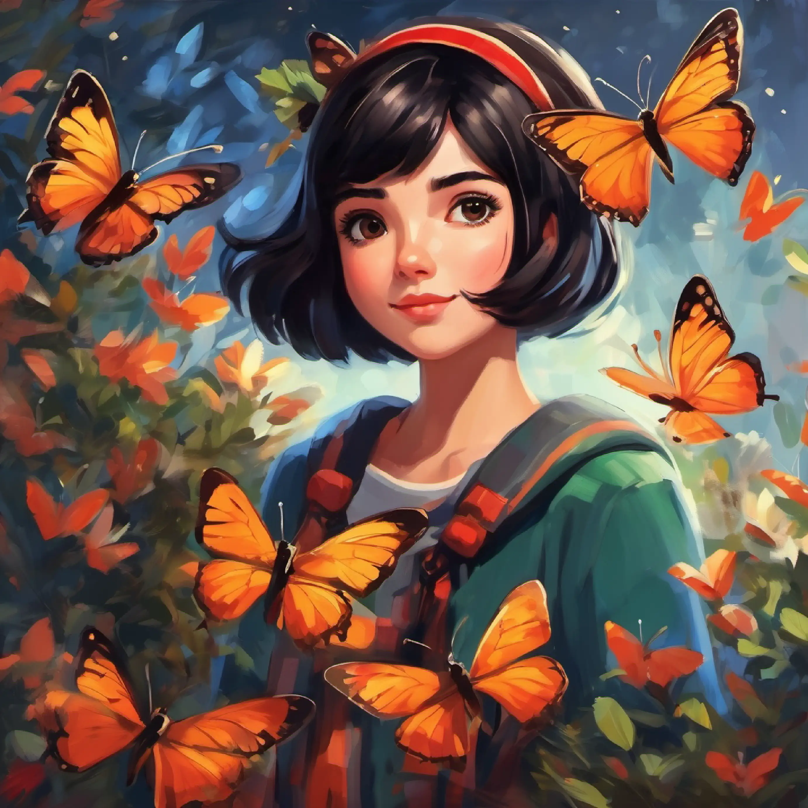 Adventurous girl, short black hair, deep brown eyes interprets the butterflies' actions as fondness.