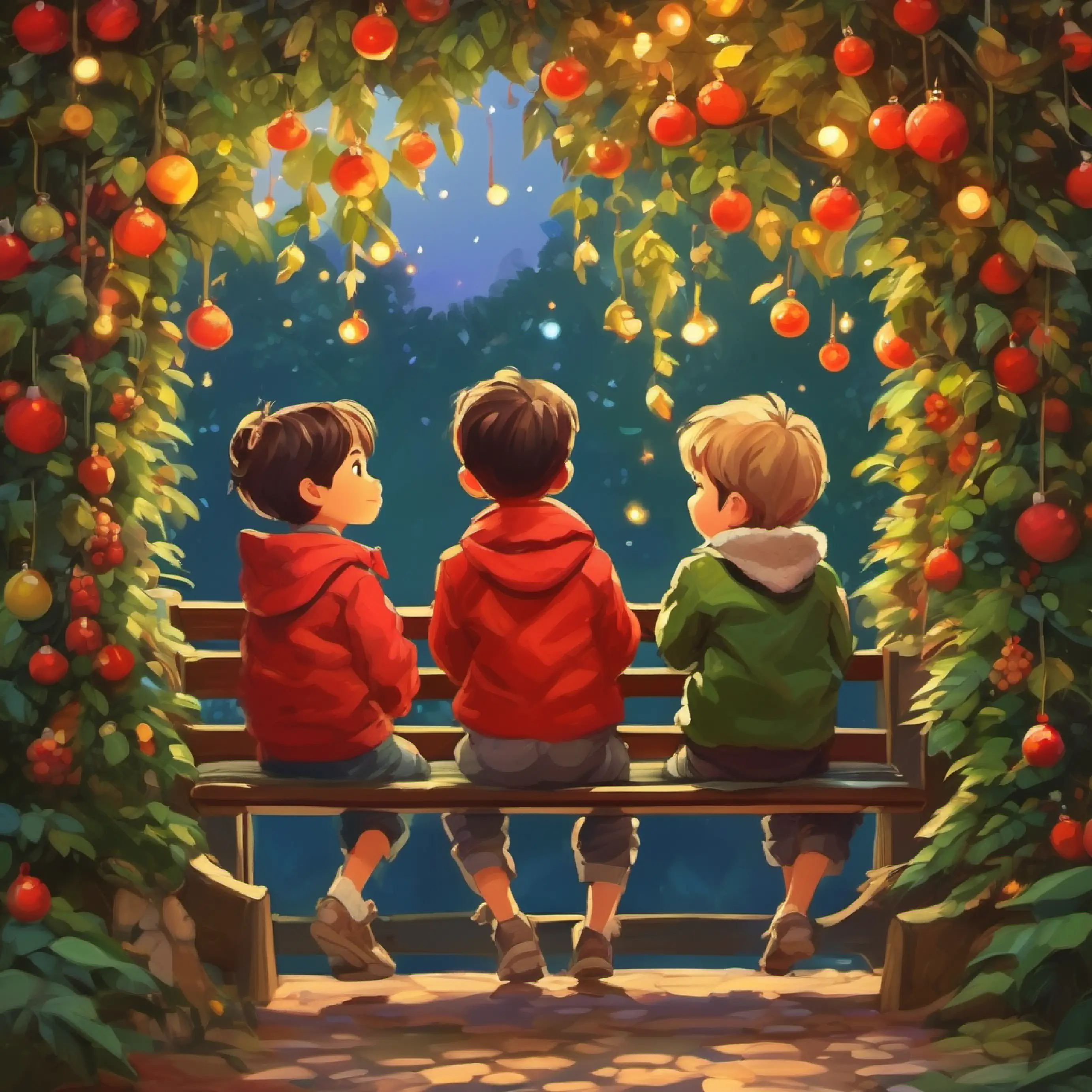 Children sit on a vine-covered bench, observing the garden.