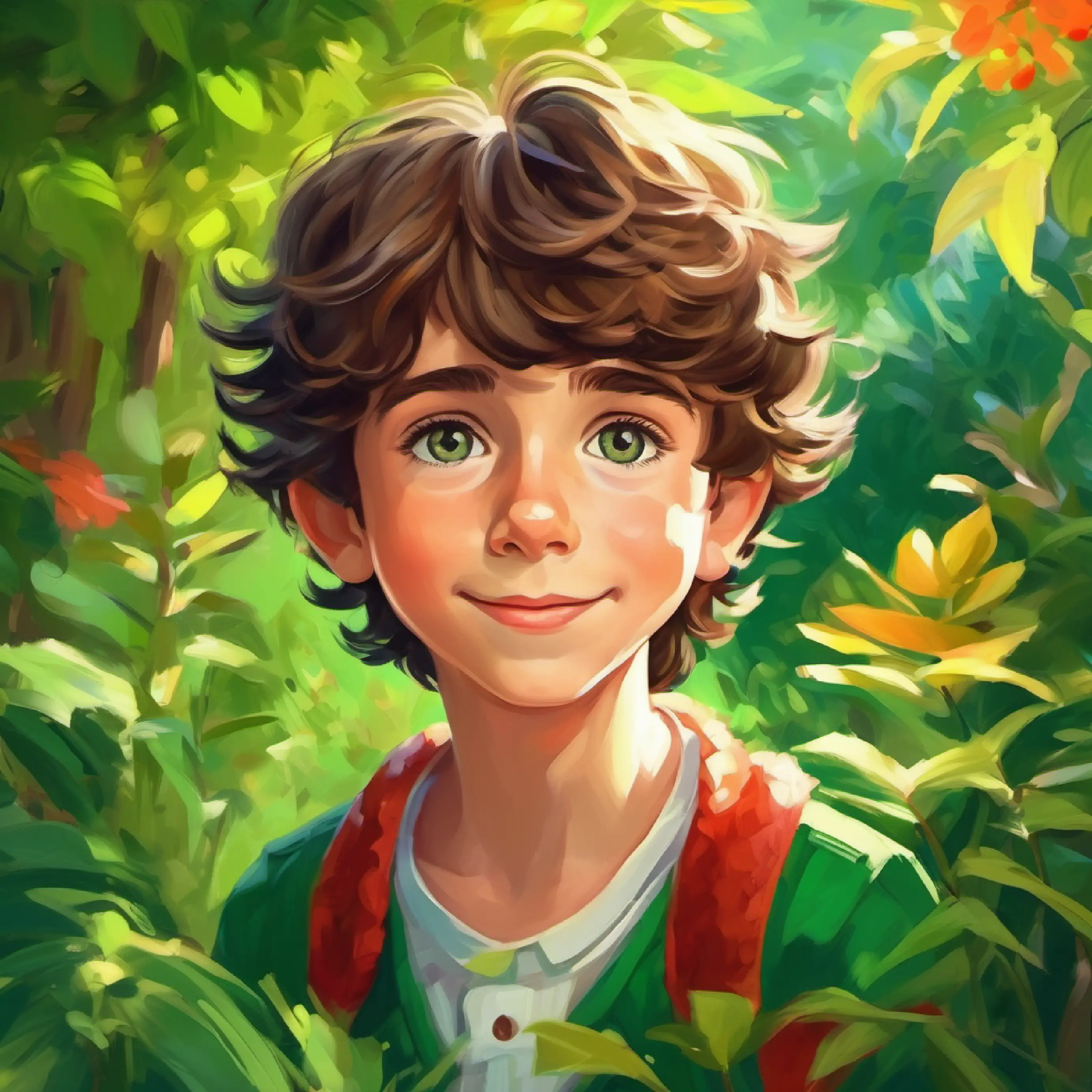 Curious boy, shaggy brown hair, bright green eyes expresses happiness and calmness in the garden.
