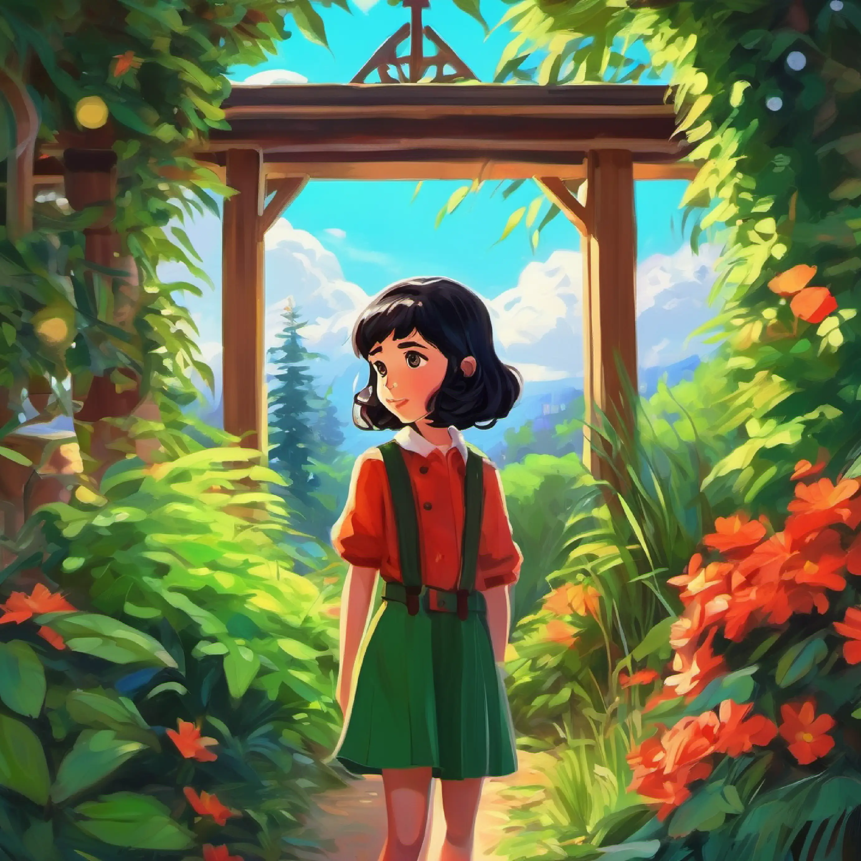 Adventurous girl, short black hair, deep brown eyes agrees, feeling a connection with Curious boy, shaggy brown hair, bright green eyes and the garden.