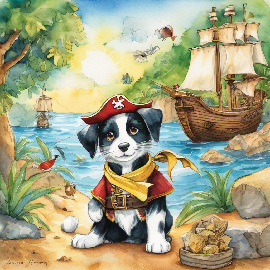 Once upon a time, in a magical land filled with talking animals and endless adventures, there was a clever little puppy named Patch. Patch loved exploring and going on exciting journeys with his friends, but most of all, he dreamed of becoming a pirate and finding the greatest treasure ever known. One sunny morning, Patch gathered his trusty animal crew – Captain Whiskers, the wise and fearless cat, Bosun Barks-a-Lot, the brave and loyal dog, and Squeaky, the adventurous parrot. Together, they set sail on their magnificent ship called The Salty Paw, ready to embark on the pirate pup's treasure hunt.