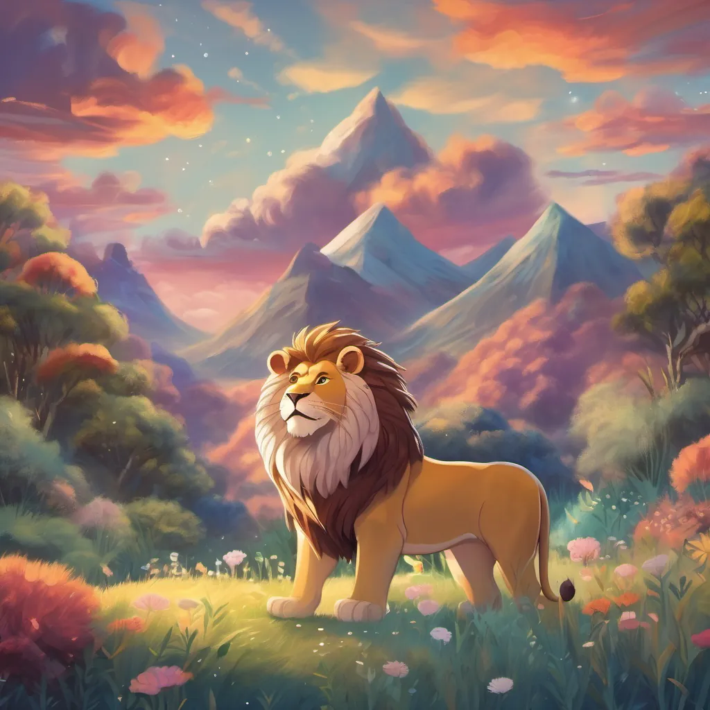 A whimsical land under a sky full of stars and a young lion with unique striped fur.