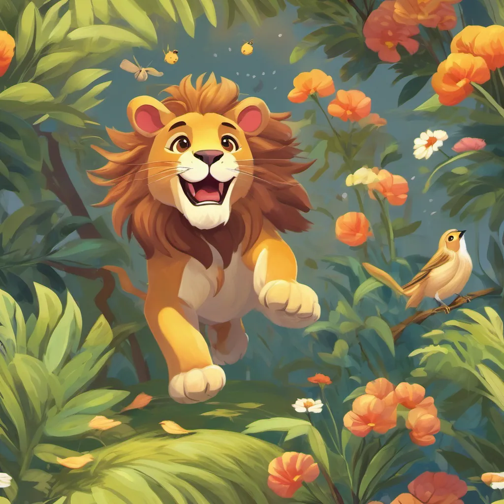 A playful lion leaping and peeping at birds and bees, making cheerful sounds.