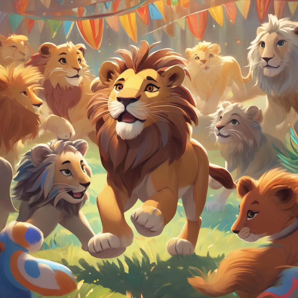 A young lion with unique striped fur, who is adventurous and joyful dancing joyfully with other animals joining in the celebration.