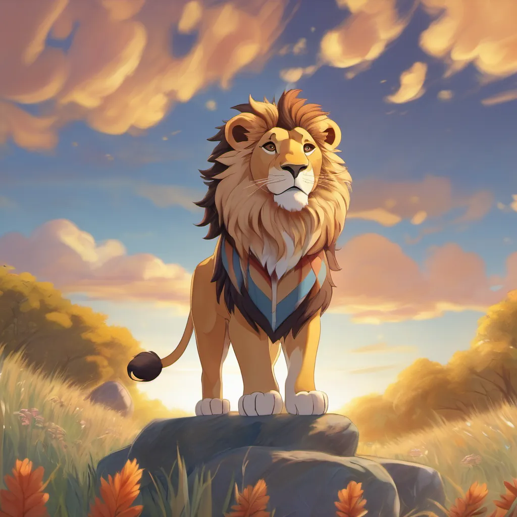 A young lion with unique striped fur, who is adventurous and joyful standing proudly, speaking to a group of animal friends under the bright sky.