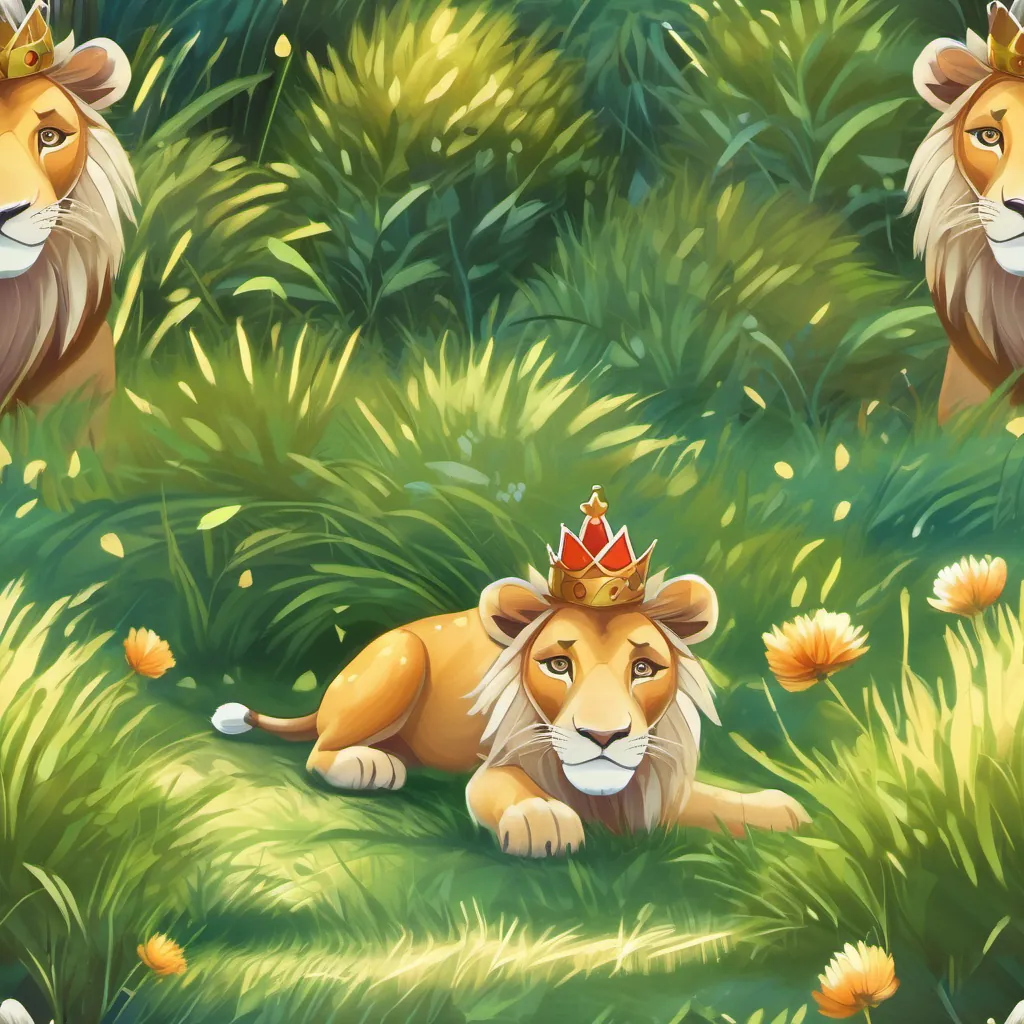 A morning scene where A young lion with unique striped fur, who is adventurous and joyful the lion finds a shiny crown lying on the grassy lawn.