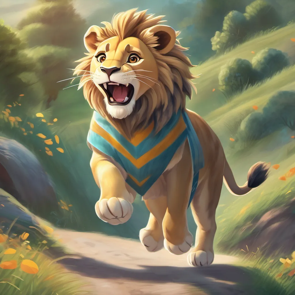 A young lion with unique striped fur, who is adventurous and joyful excitedly running down a hill, holding a shiny crown and looking thrilled.