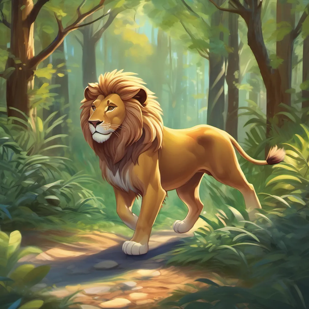 A young lion with unique striped fur, who is adventurous and joyful the lion running quickly through a dense, enchanted forest with his paws making pitter-pat sounds.