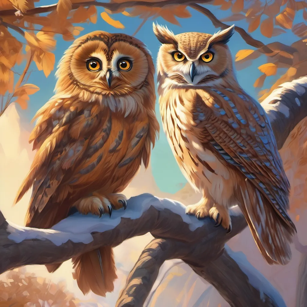 A wise owl with a fluffy feather cowl, perched on a tree branch, speaking to A young lion with unique striped fur, who is adventurous and joyful.