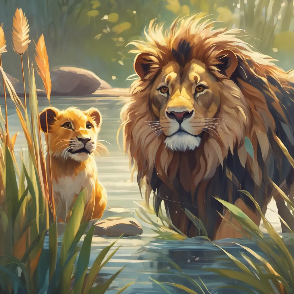 A young lion with unique striped fur, who is adventurous and joyful on the riverbank, seeing a duck wearing a crown among the reeds.