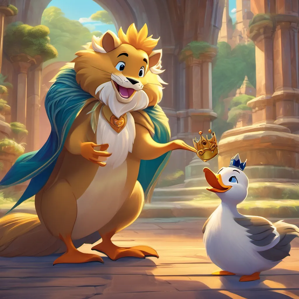 The duck king thanking A young lion with unique striped fur, who is adventurous and joyful for bringing back the crown, with a magical kingdom glowing in the background.