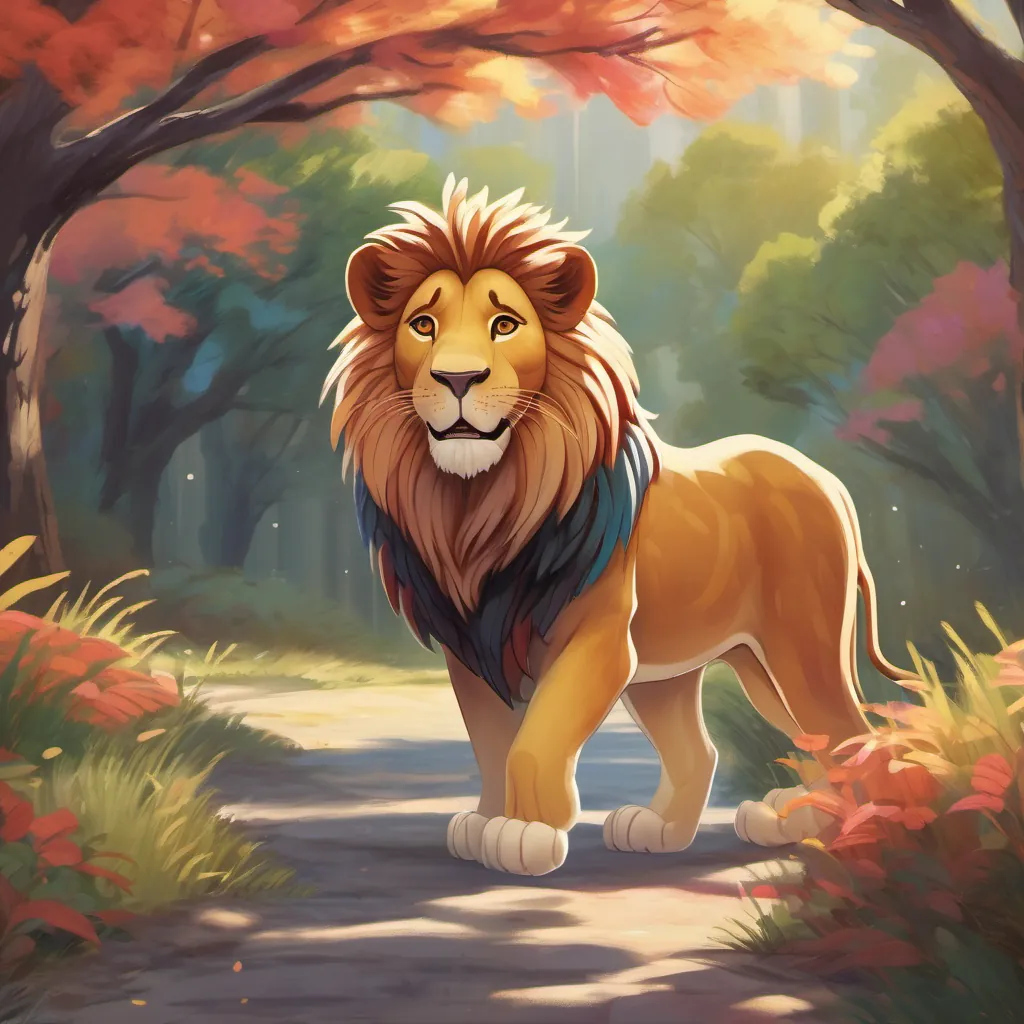 A young lion with unique striped fur, who is adventurous and joyful the lion expressing his joy in helping and having adventures with a big smile.