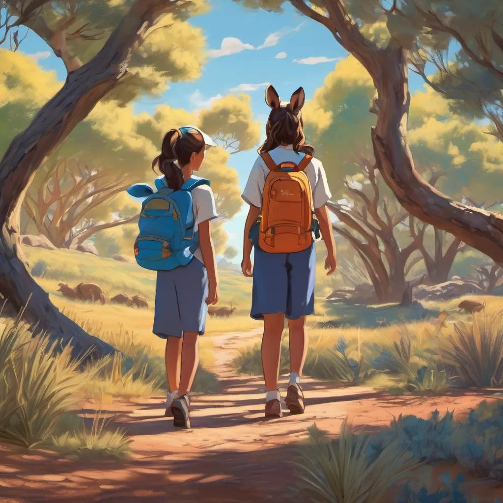 Two girls with bright backpacks standing next to kangaroos in the Australian outback under a clear blue sky.