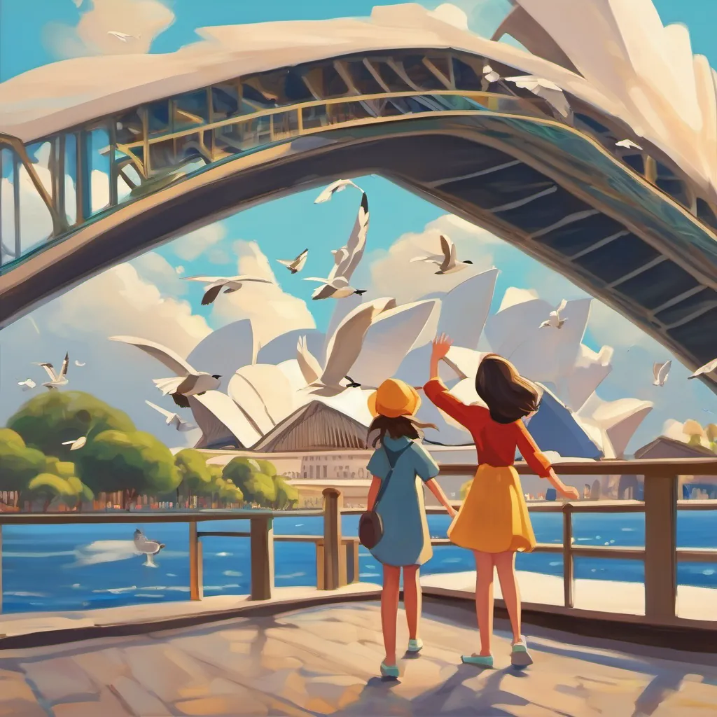 Girls waving at the Sydney Opera House with seagulls flying playfully in the sky.