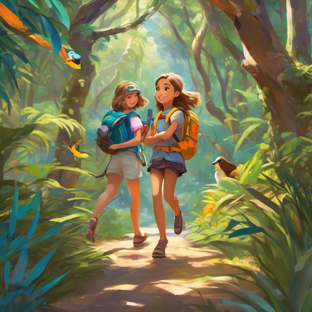 A curious young girl with brown hair and a bright, colorful backpack ready for adventure and A spirited girl with blonde hair and an equally vibrant backpack, always ready to explore dancing through a lush jungle with laughing kookaburras perched on tree branches.