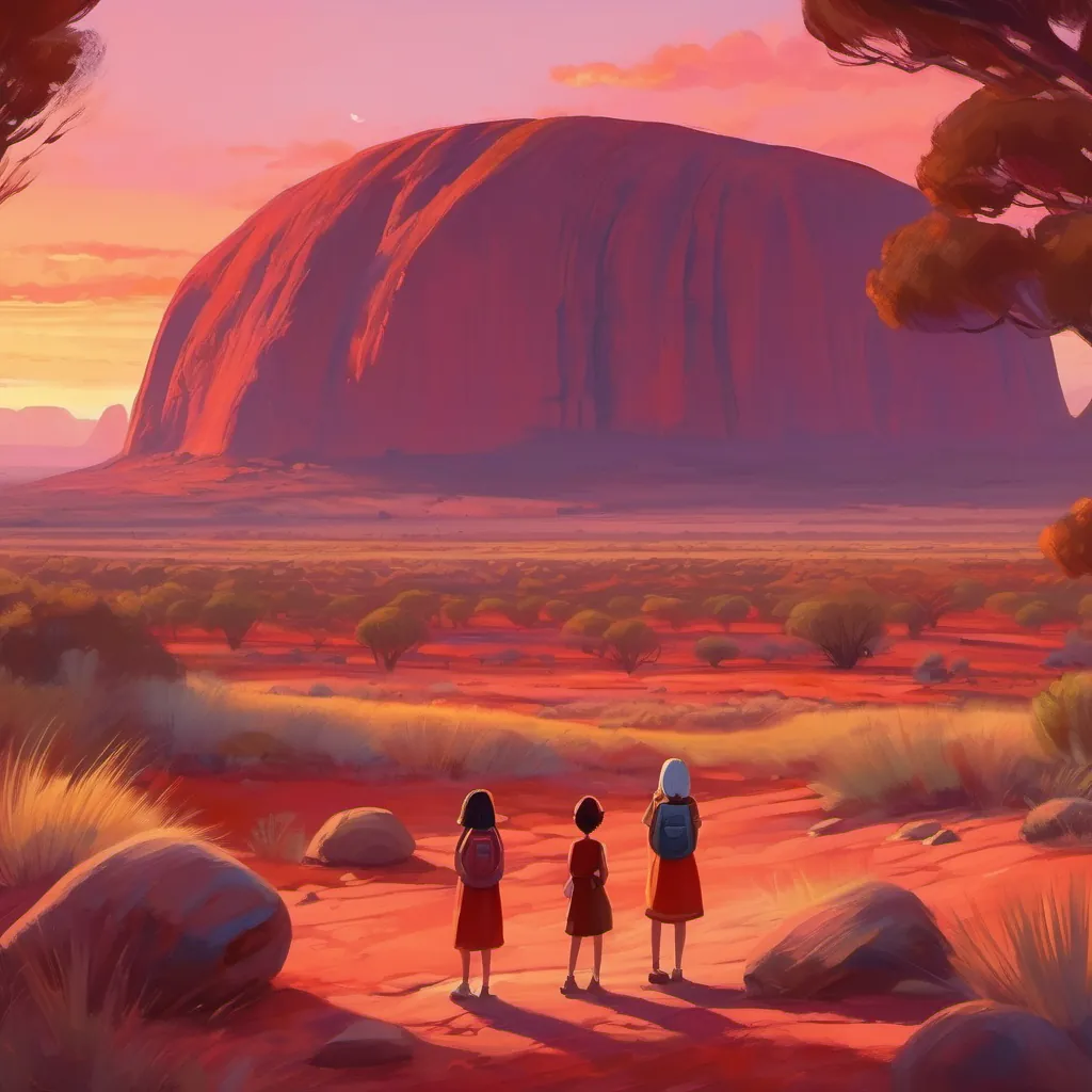 The girls admiring Uluru at sunset, with the rock glowing in vibrant reds and oranges.