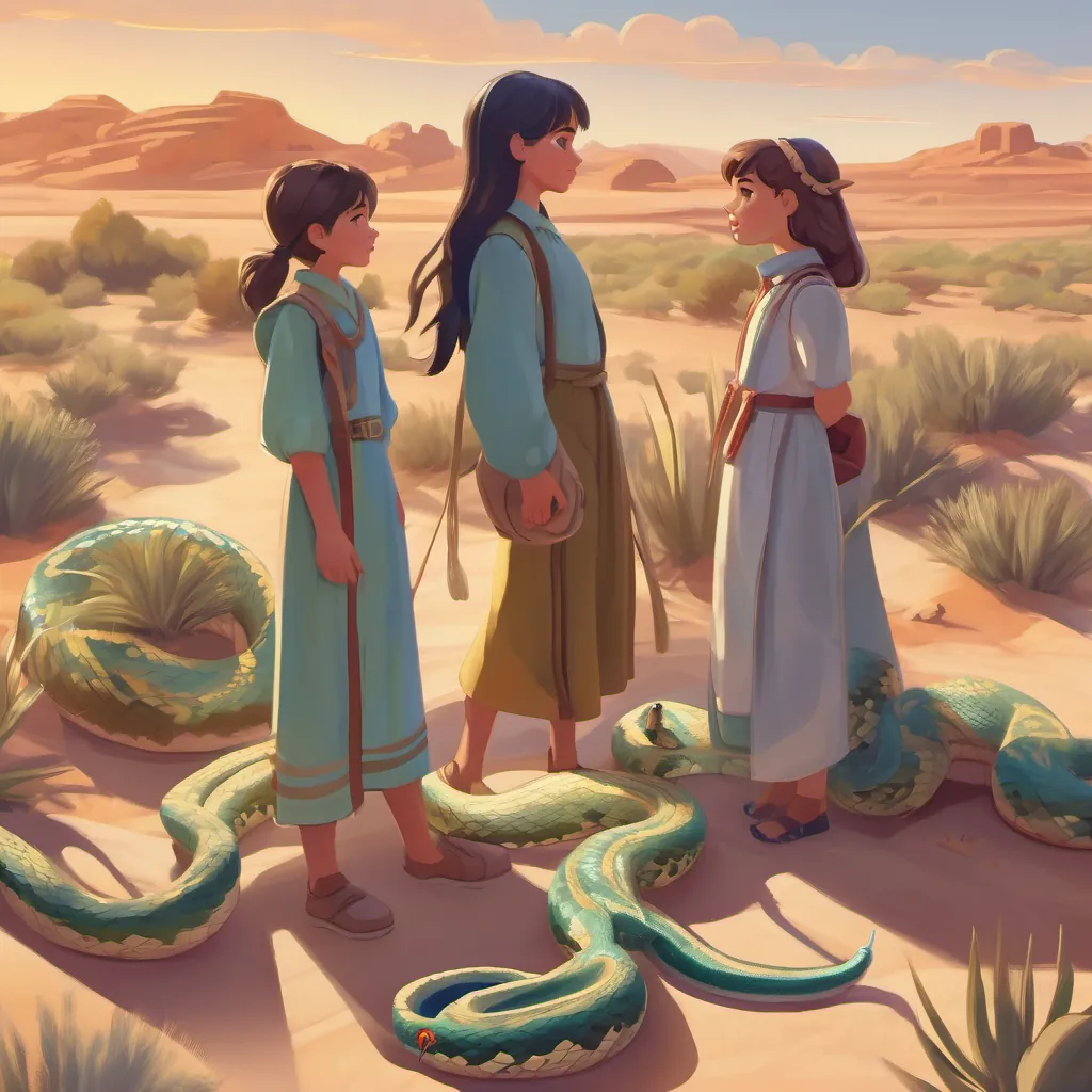 The girls observing snakes from a safe distance in the desert, with scales that glisten under the sun.