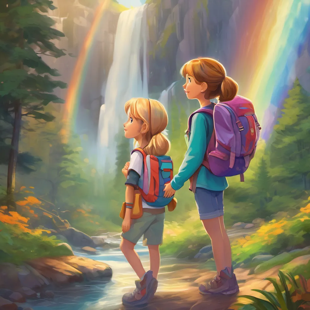 A curious young girl with brown hair and a bright, colorful backpack ready for adventure and A spirited girl with blonde hair and an equally vibrant backpack, always ready to explore surrounded by tall trees and waterfalls, with colorful rainbows forming in the mist.